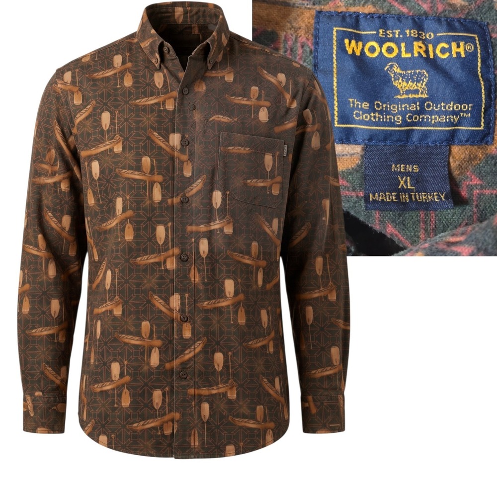 Woolrich Button Down Shirt Mens XL Brown Canoe Paddle Print Long Sleeve C
Kayak